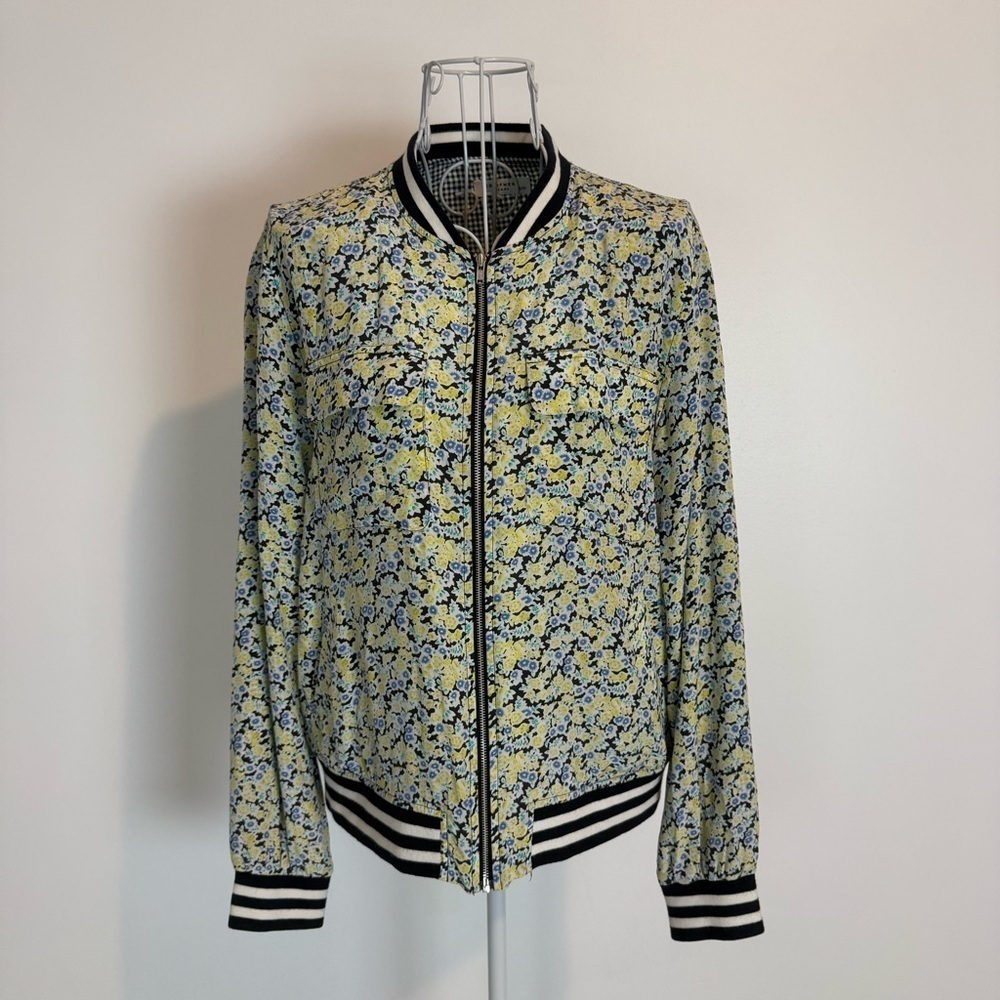 EQUIPMENT FEMME 100% Silk Floral Lined Bomber Jacket Full Zip Casual Comfort XS